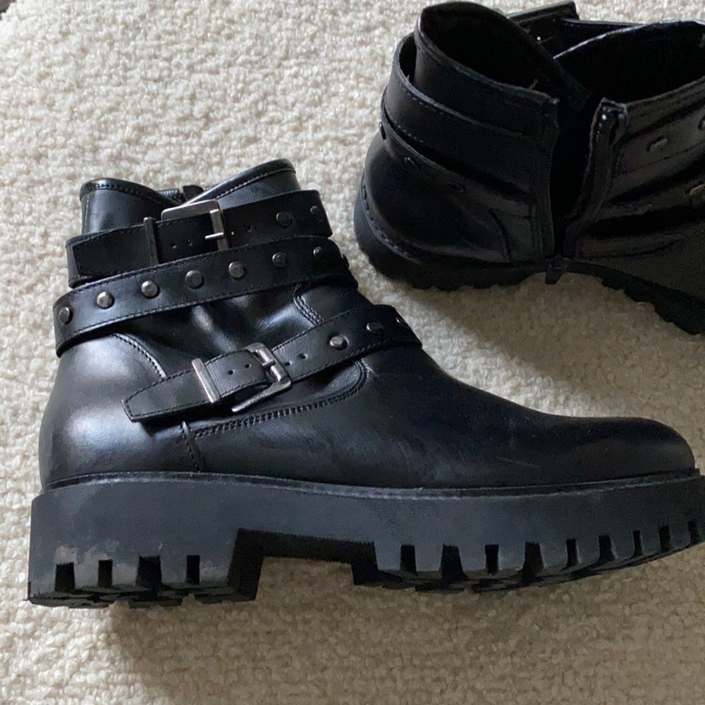 Black leather motorcycle boots with gun metal studs and buckles classic boot